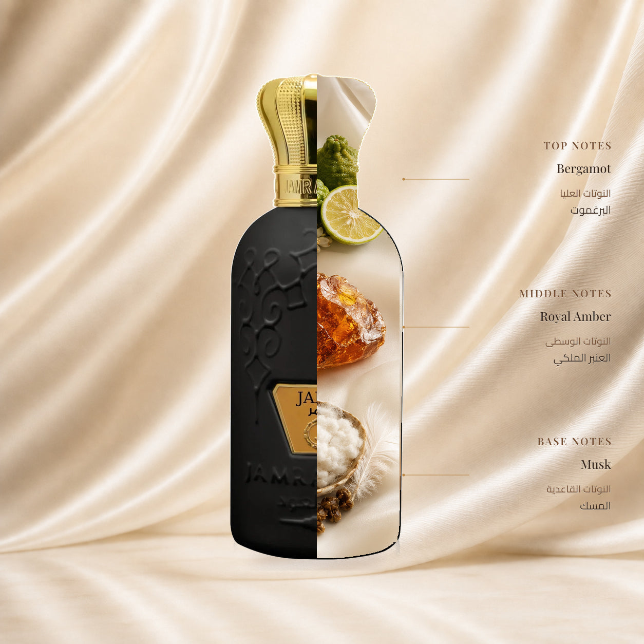 Jamr Perfume by Jamr Al Oud, fragrance notes illustration; Top: Bergamot; Heart: Royal Amber; Base: Musk.