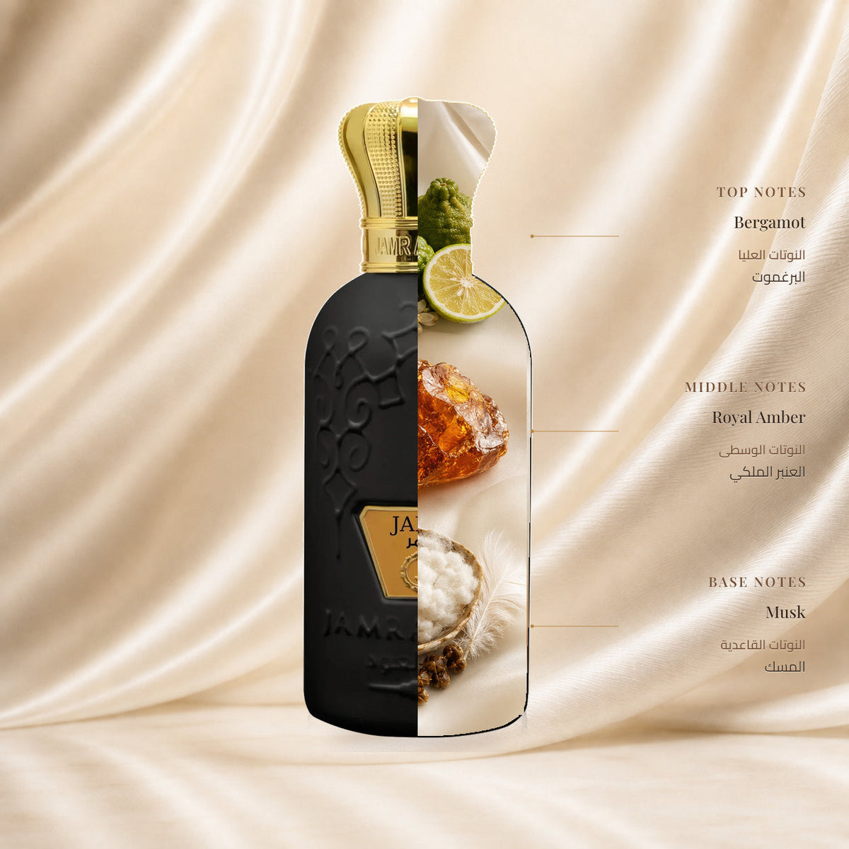 Jamr Perfume by Jamr Al Oud, fragrance notes illustration; Top: Bergamot; Heart: Royal Amber; Base: Musk.