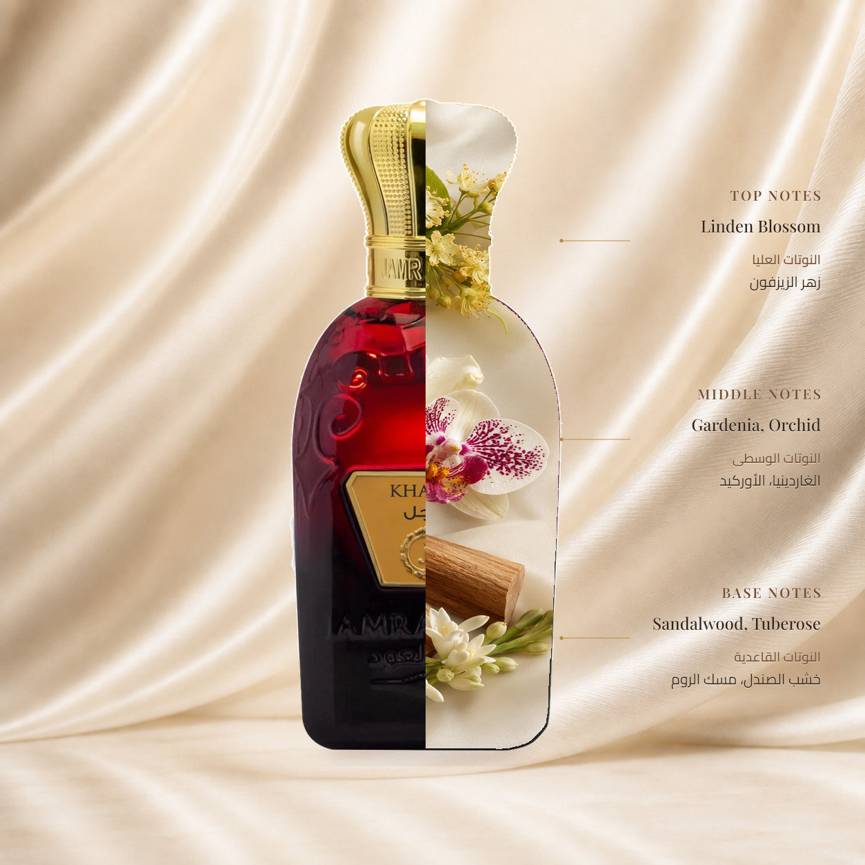 Kajal Perfume by Jamr Al Oud, fragrance notes illustration; Top: Linden Blossom; Heart: Gardenia, Orchid; Base: Sandalwood, Tuberose.
