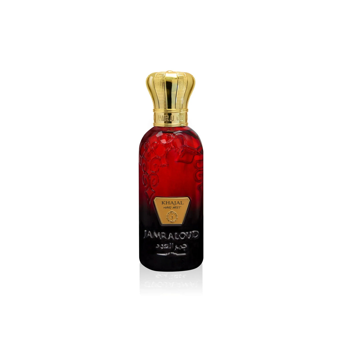 Khajal Hair Mist by Jamr Al Oud, red bottle with a gold cap.