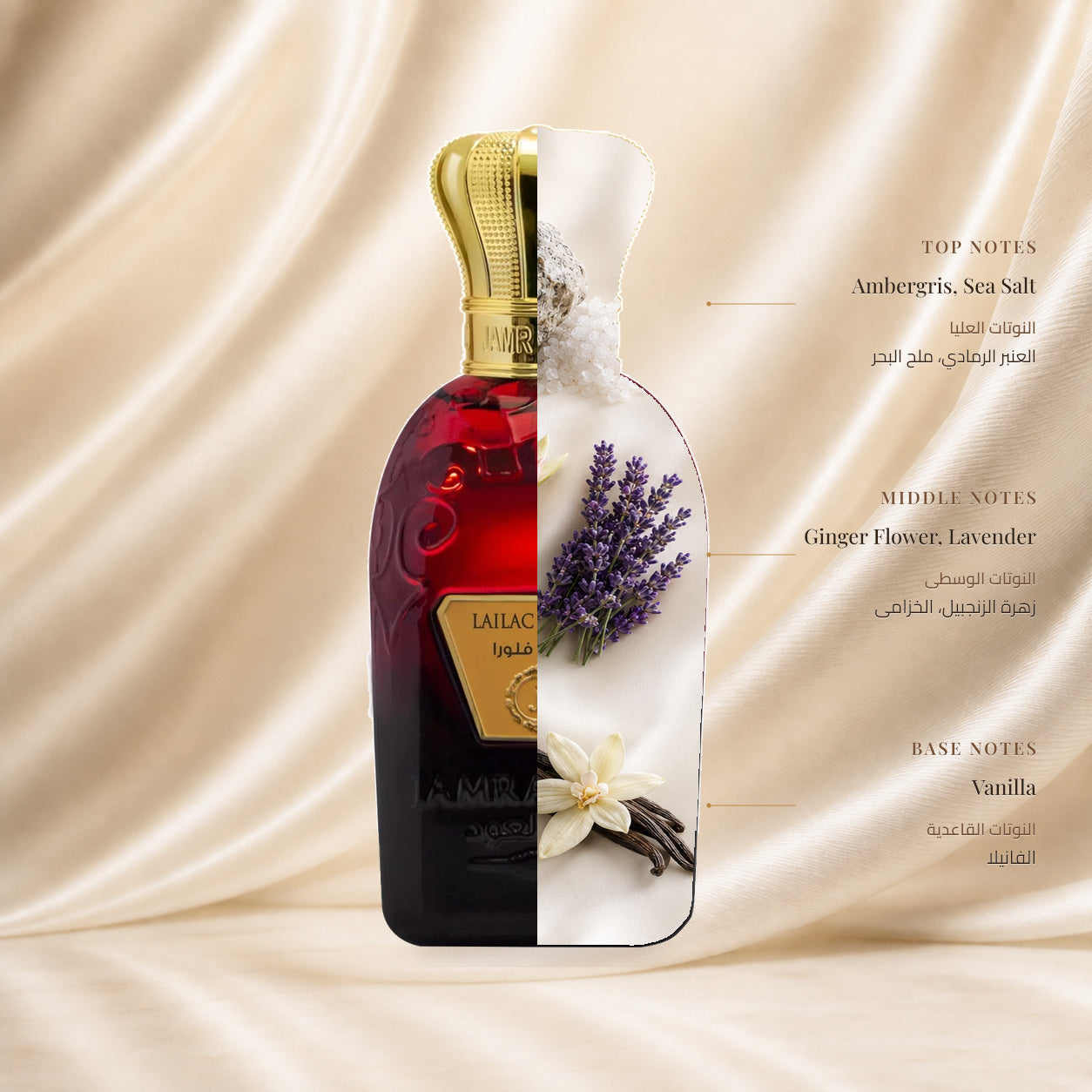 Lailac Flora Perfume by Jamr Al Oud, fragrance notes illustration; Top: Ambergris, Sea Salt; Heart: Ginger Flower, Lavender; Base: Vanilla.