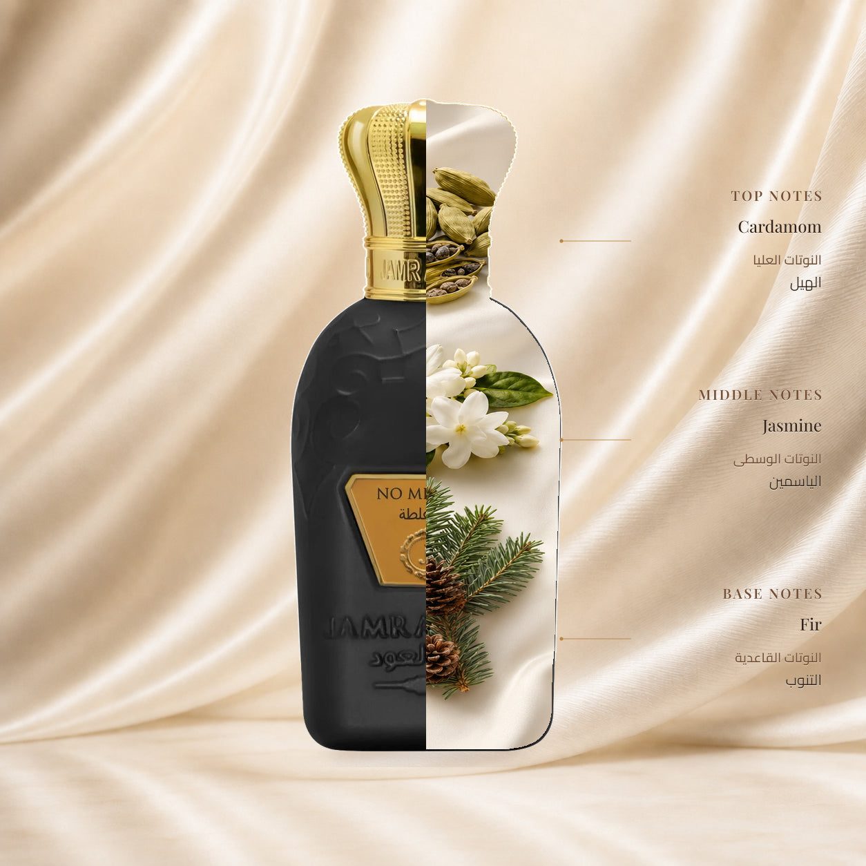 No Mistake Perfume by Jamr Al Oud, fragrance notes illustration; Top: Cardamom; Heart: Jasmine; Base: Fir.