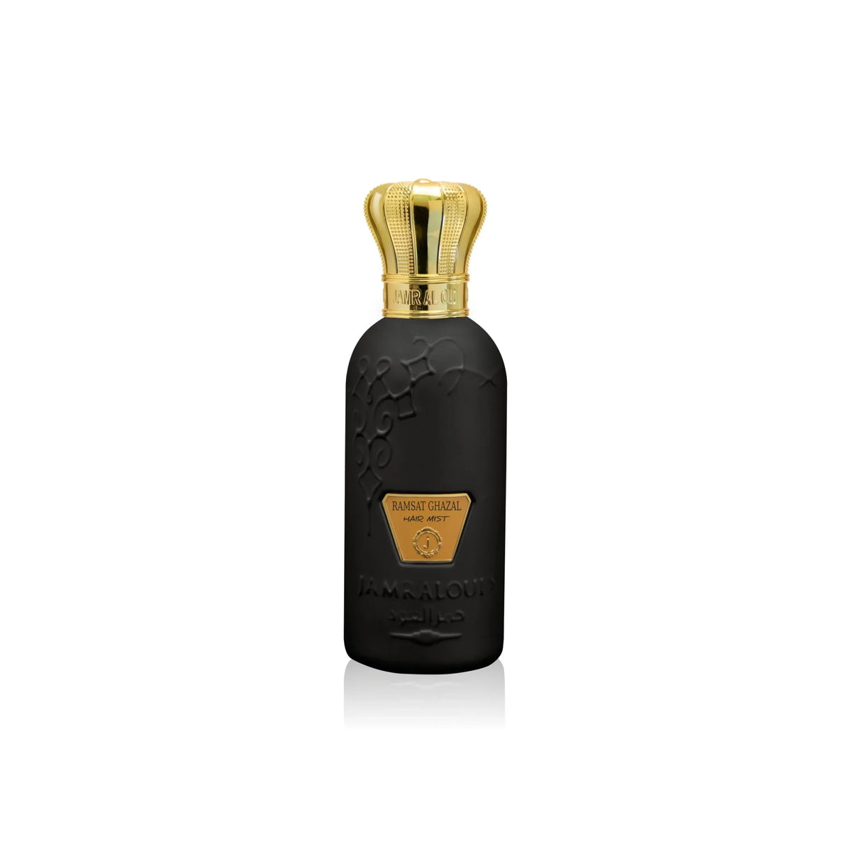 Ramsat Ghazal Hair Mist by Jamr Al Oud, black bottle with a gold cap.