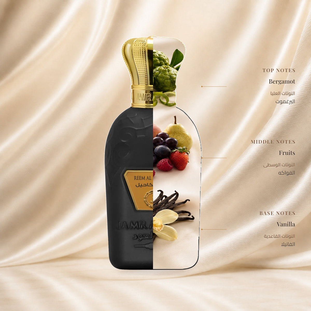 Reem Al Makahil Perfume by Jamr Al Oud, fragrance notes illustration; Top: Bergamot; Heart: Fruits; Base: Vanilla.
