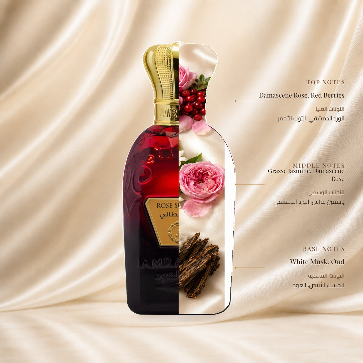 Rose Sultani Perfume by Jamr Al Oud, fragrance notes illustration; Top: Damascene Rose, Red Berries; Heart: Grasse Jasmine, Damascene Rose; Base: White Musk, Oud.