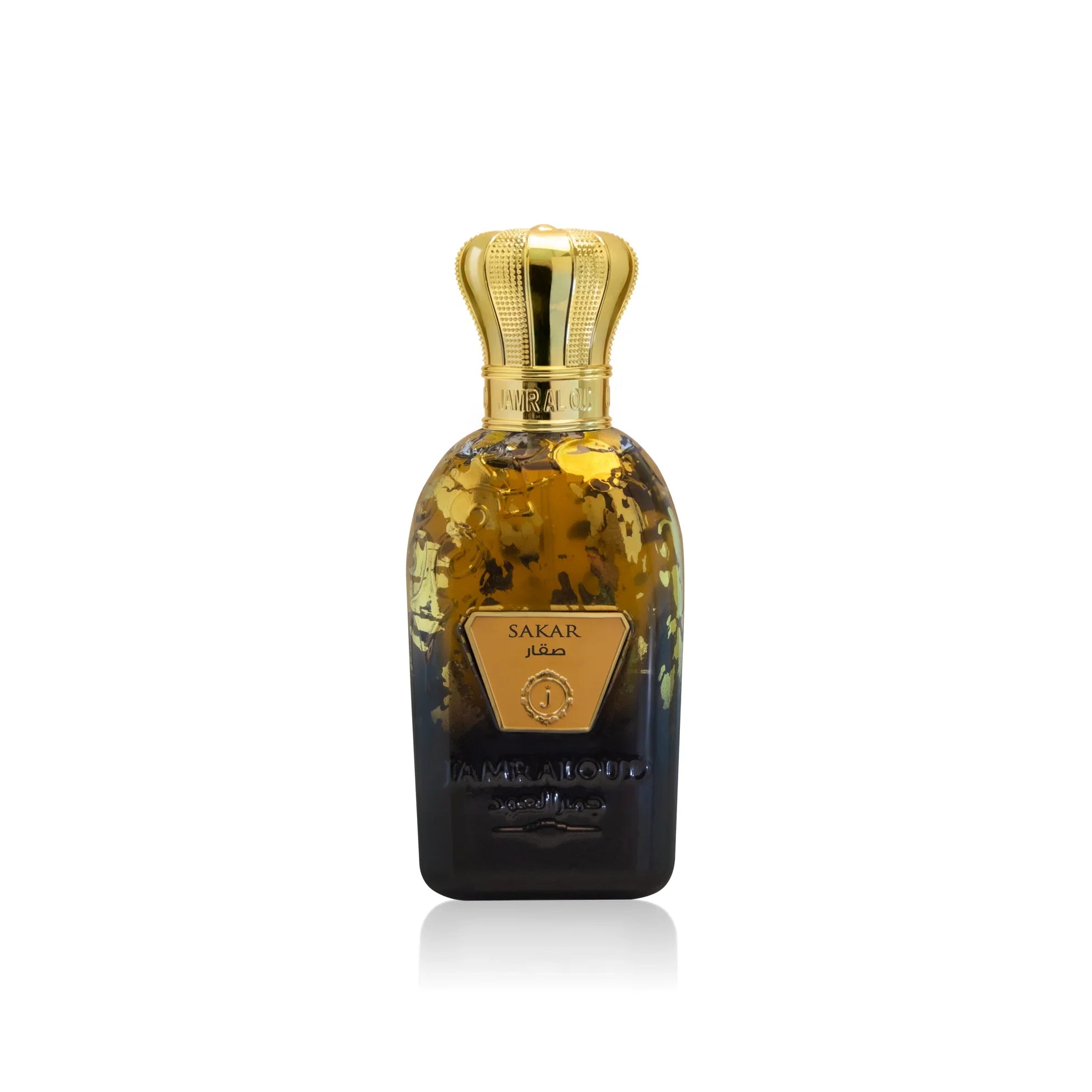 Sakar Perfume by Jamr Al Oud, perfume bottle with a gold cap.