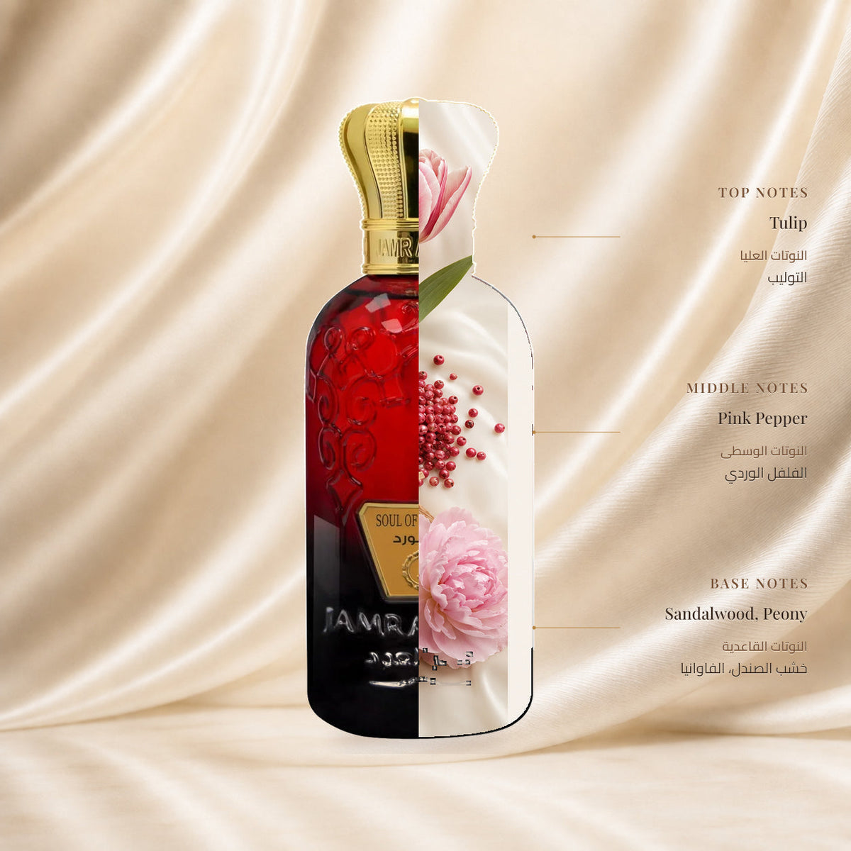 Soul Of The Rose Perfume by Jamr Al Oud, fragrance notes illustration; Top: Tulip; Heart: Pink Pepper; Base: Sandalwood, Peony.