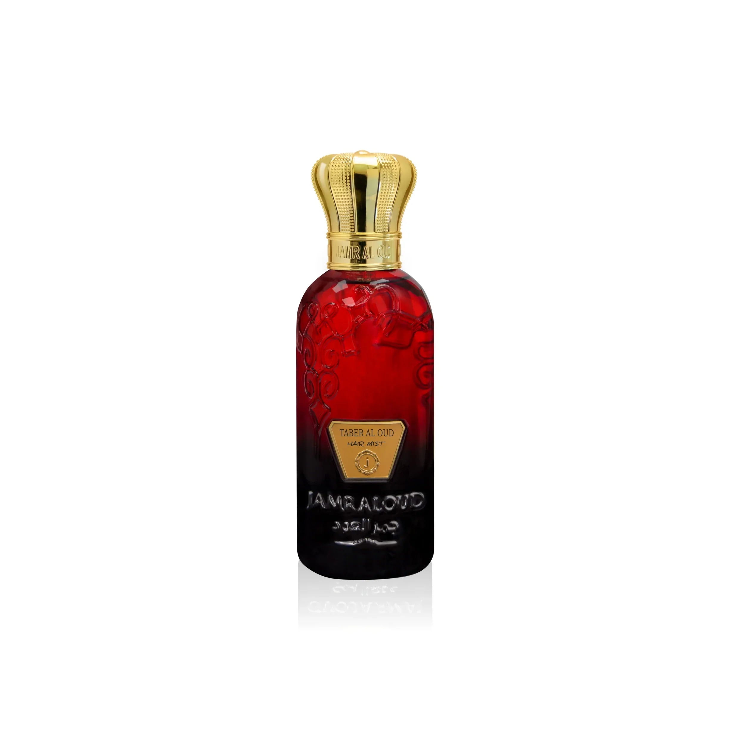 Taber Al Oud Hair Mist by Jamr Al Oud, red bottle with a gold cap.