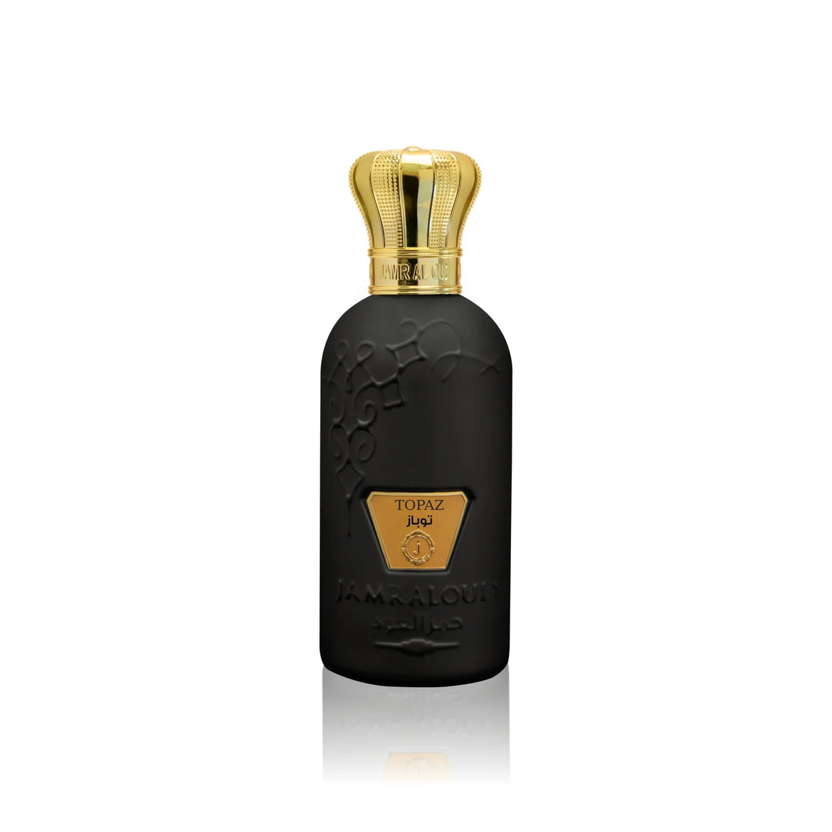 Tobaz Perfume by Jamr Al Oud, perfume bottle with a gold cap.